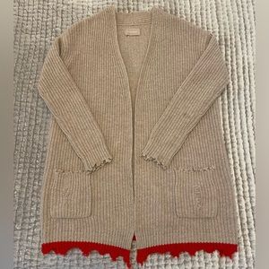 Zadig and Voltaire Wool and Yak Distressed Cardigan Sweather with red trim